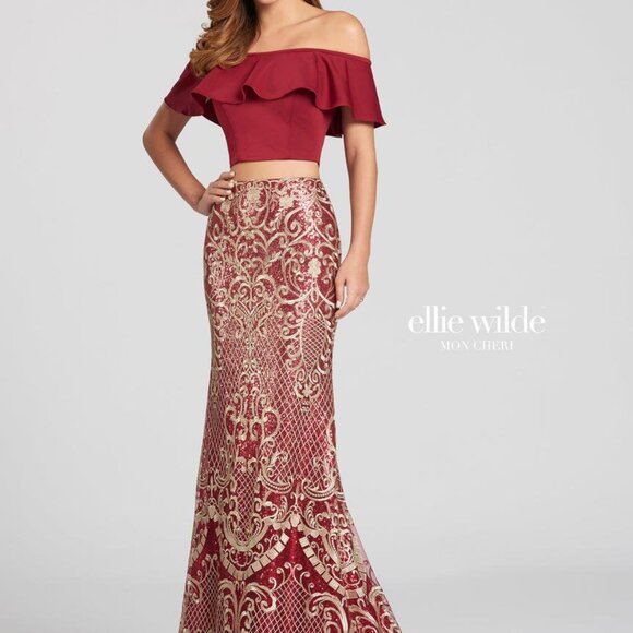 NWT 2-Piece Ellie Wilde gown, sz 8, Wine Gold - Picture 1 of 8